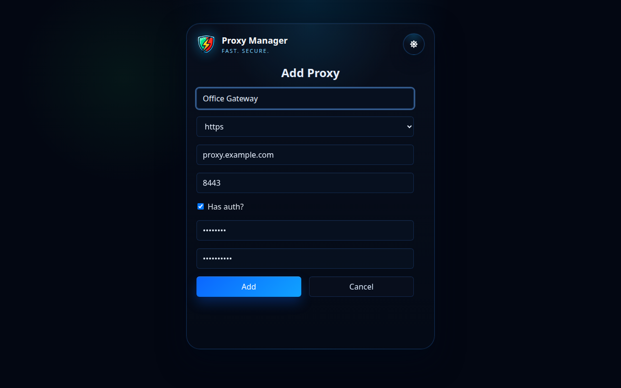 Gerenciador de proxy adicionar formulário de proxy