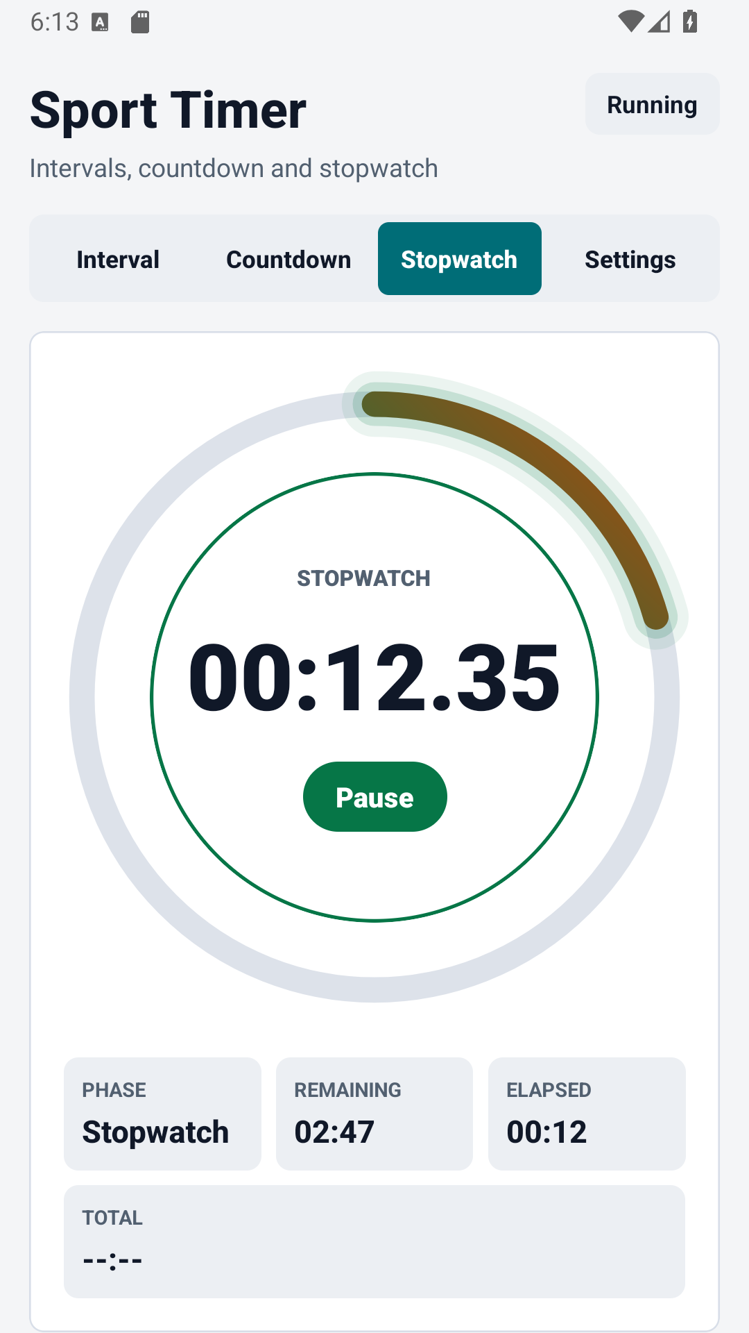 Tela do cronômetro Sport Timer com voltas
